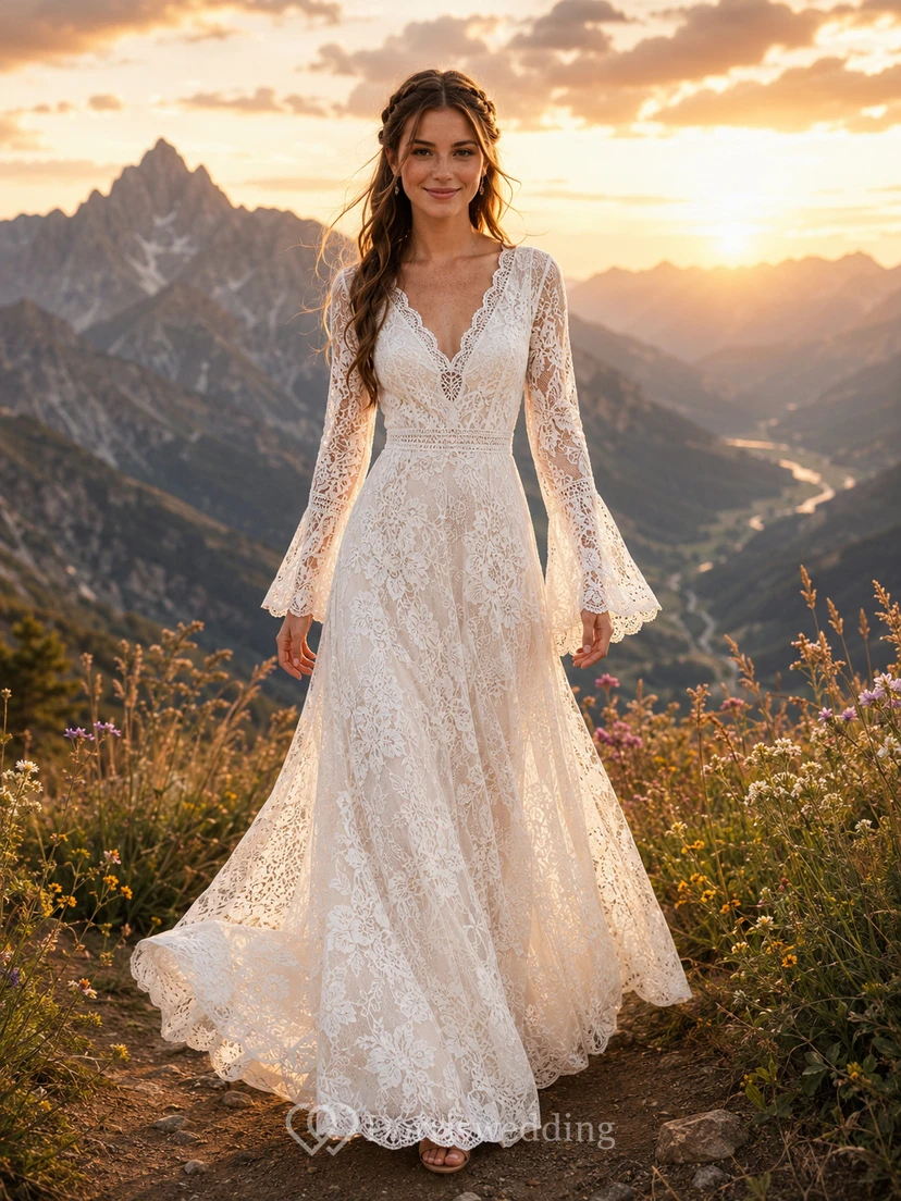 Robe de mariée bohème à manches cloche et col en V en dentelle pour une escapade à la montagne