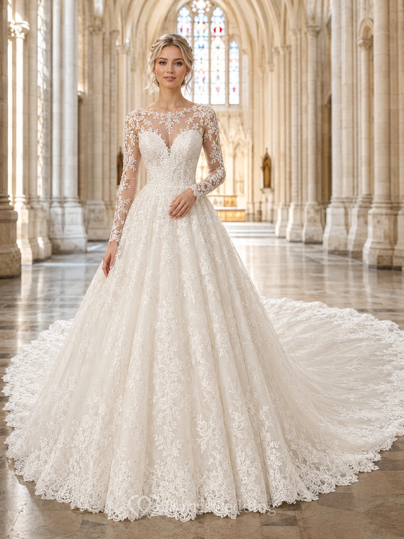 Vestido de novia de encaje y tul, estilo princesa, escote corazón, sin mangas, cola de capilla, con apliques.
