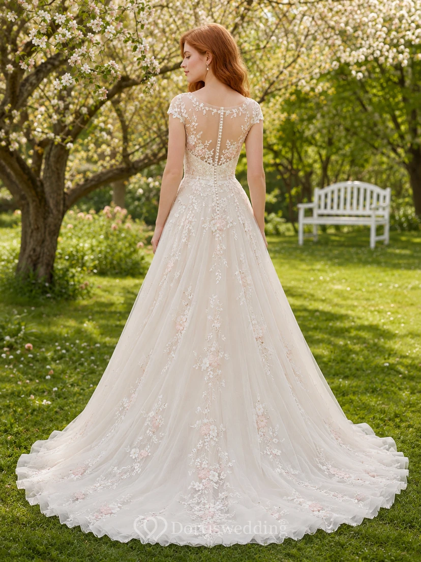 Brautkleid mit Blumenmuster, schulterfrei, bestickt, aus Tüll, A-Linie view 2