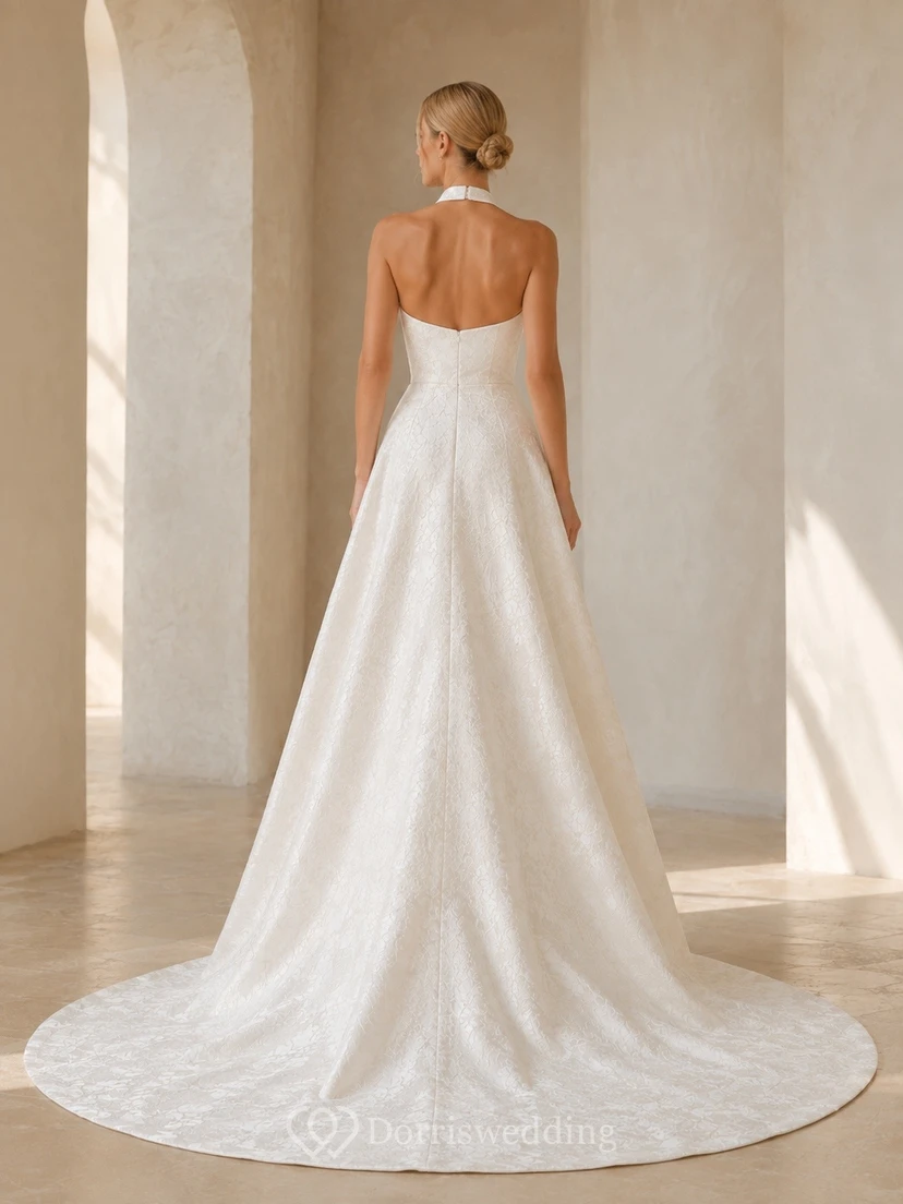 Vestido de novia formal de corte A con escote halter, largo hasta la rodilla, estilo vintage. view 2
