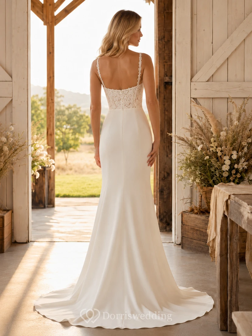 Robe de mariée bohème simple fourreau en dentelle, en crêpe, style grange view 2