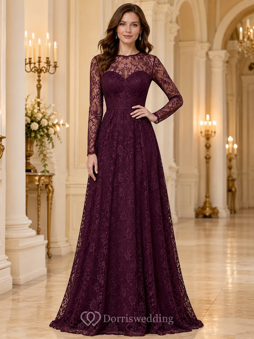 Plum Lace Illusion Long Sleeve A Line Formal Gown