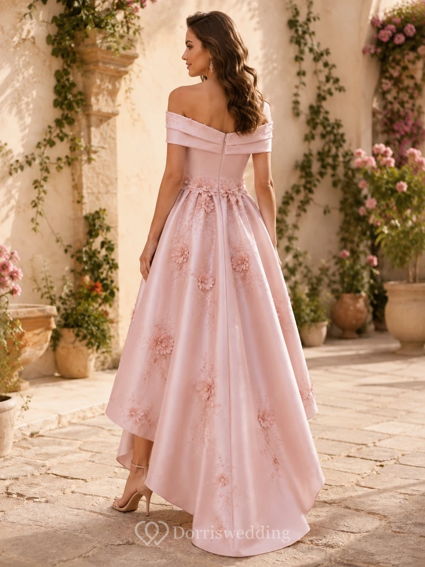 Blush Off-Shoulder Floral Applique Satin A-Line High-Low Court Train Prom Dress view 2