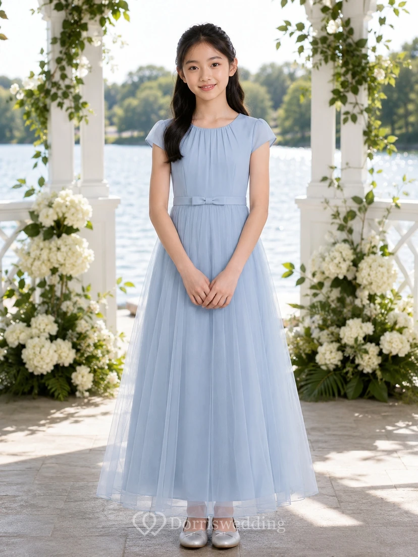 Vestido de dama de honor juvenil azul cielo, corte en A, manga corta, largo hasta los tobillos, gasa elegante