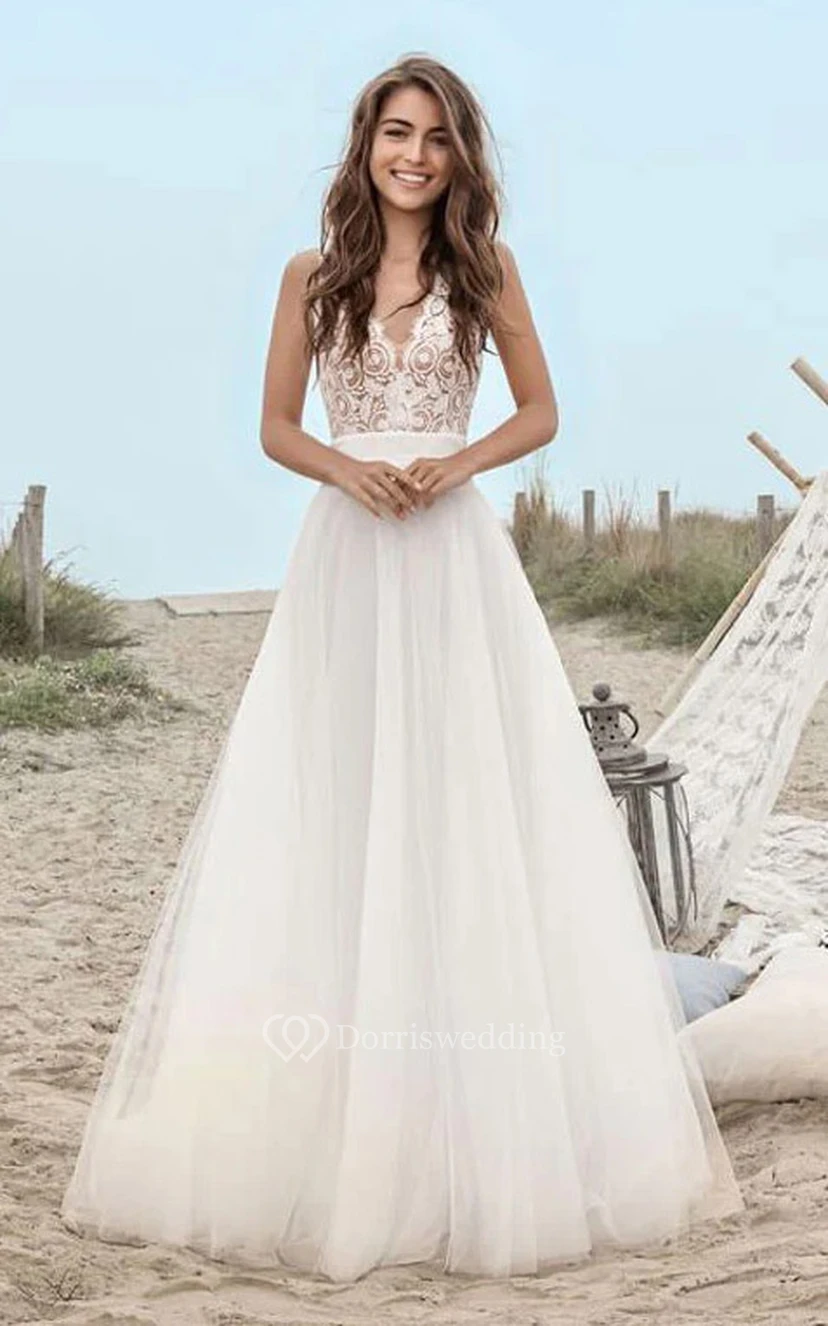Robe de mariée de plage en tulle, coupe trapèze, col V et haut en dentelle