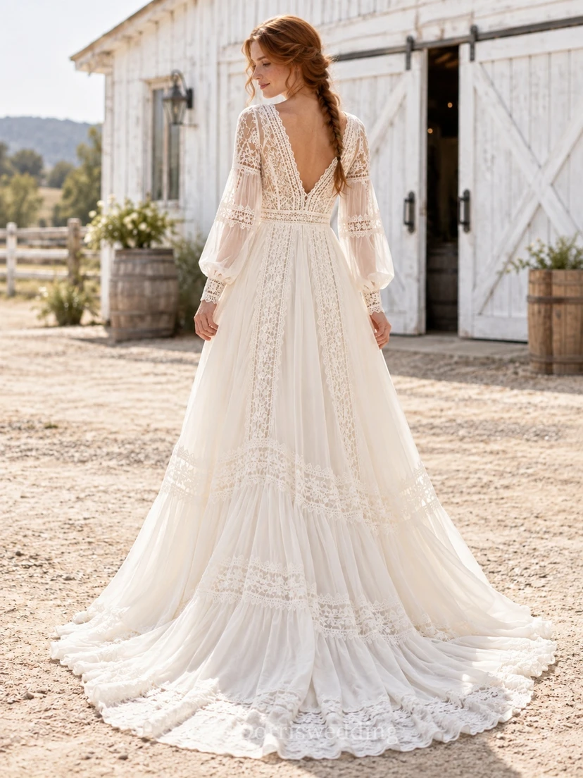 Western Long Poet Sleeve Plunge V-neck Lace Wedding Dress view 2