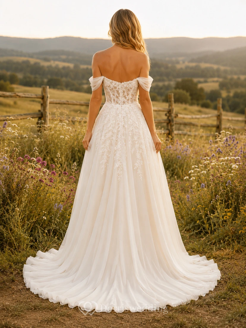 Robe de mariée de maternité en tulle dentelle à épaules dénudées et manches longues avec traîne appliquée view 2
