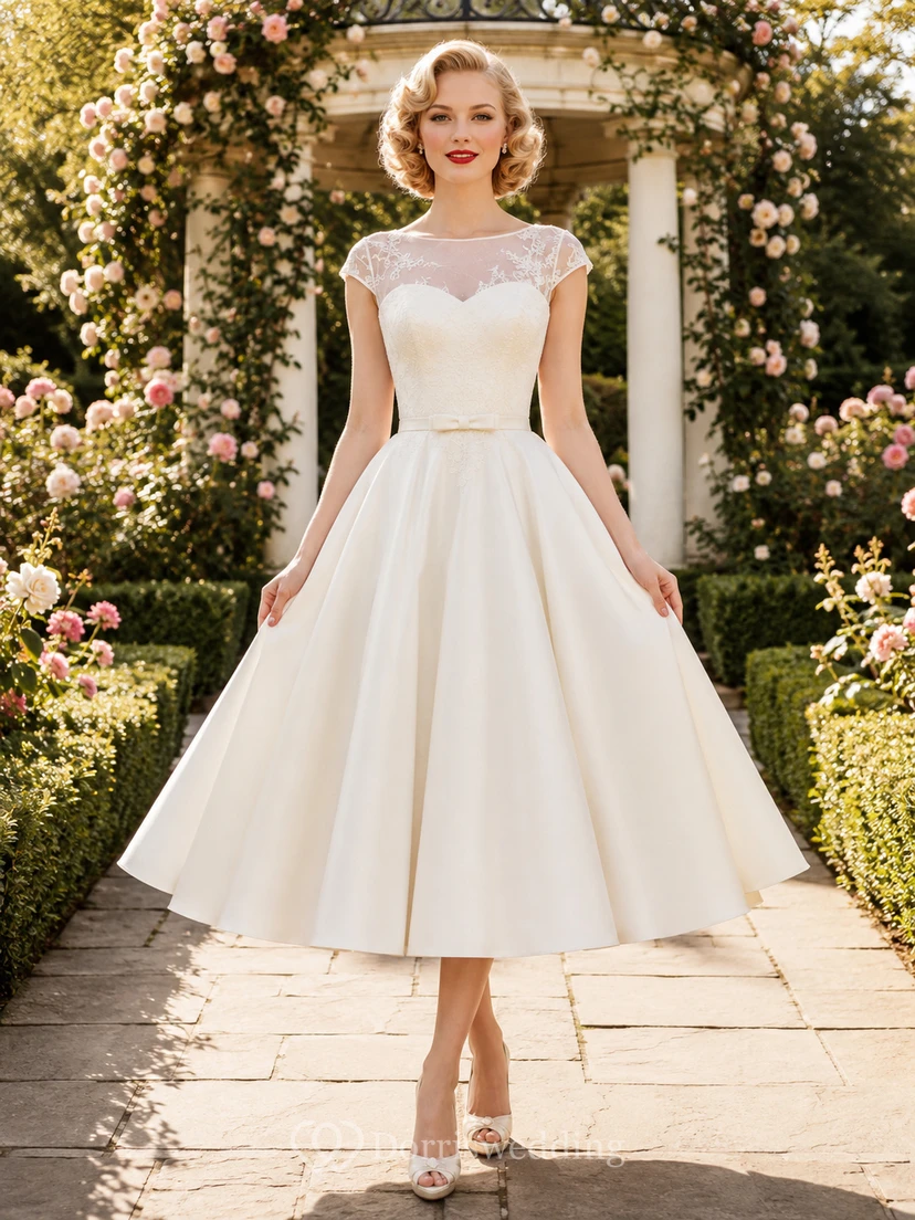 Vintage Brautkleid aus den 1950er Jahren mit kurzen Ärmeln und Illusionsausschnitt, wadenlang.