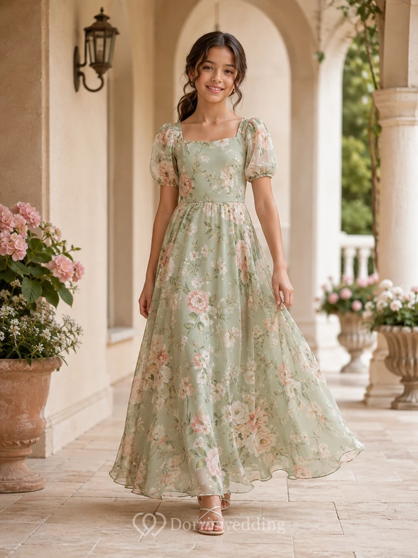 Celadonfarbenes Brautjungfernkleid für junge Mädchen, A-Linie, eckig, kurze Ärmel, Puffärmel, Chiffon, floral, romantisch