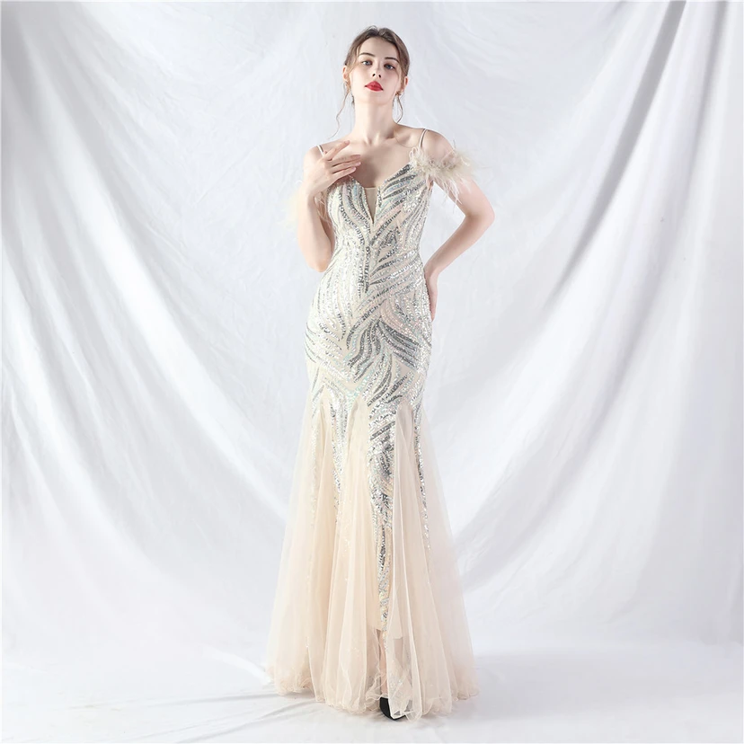 Crafted Ostrich Feather Stacked Sequins Splicing Mesh Gauze High-End Evening Dress Clothes view 72