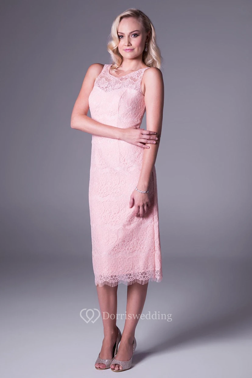 Tea-Length Sheath Splitted Sleeveless Scoop Neck Lace Prom Dress