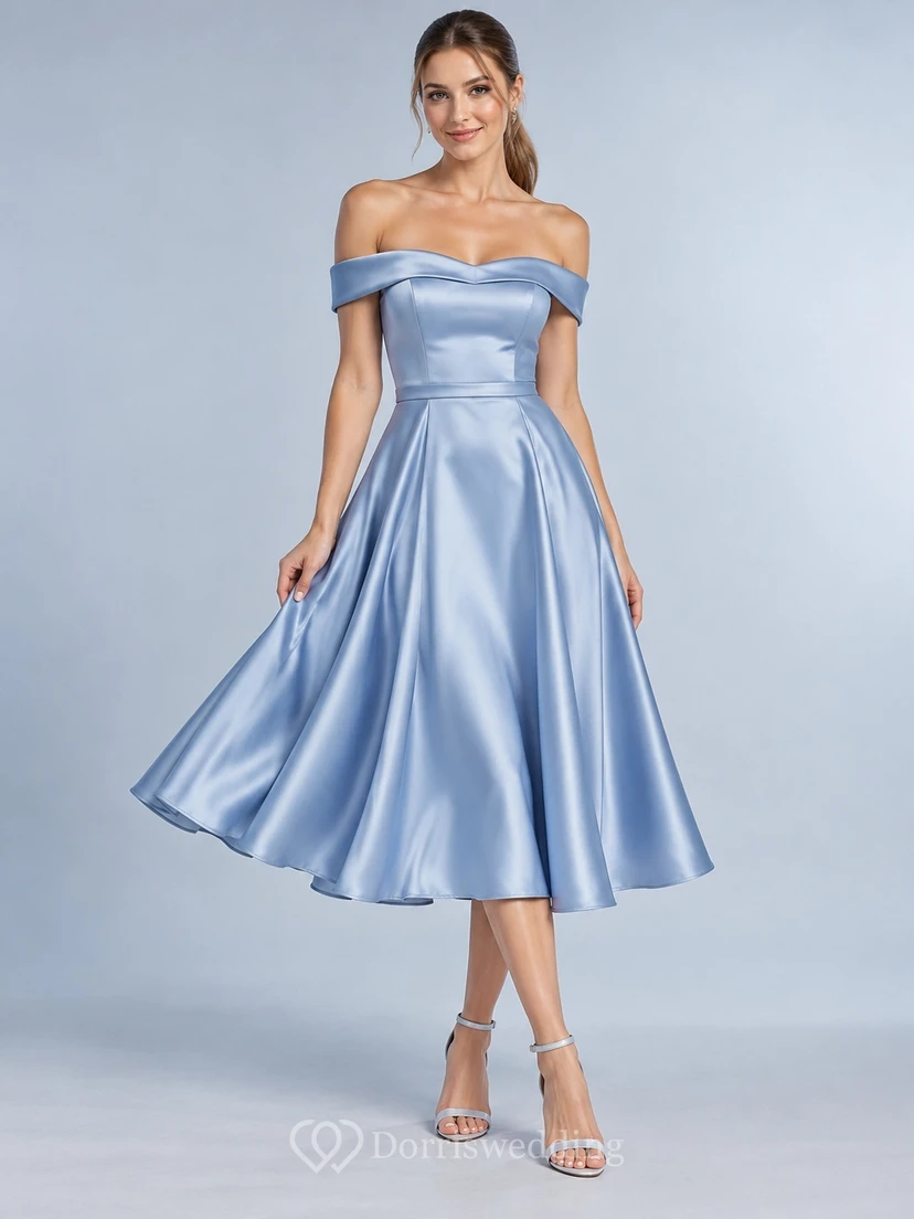 Tea-length Steel Blue Off Shoulder Flared Satin Cocktail Dress