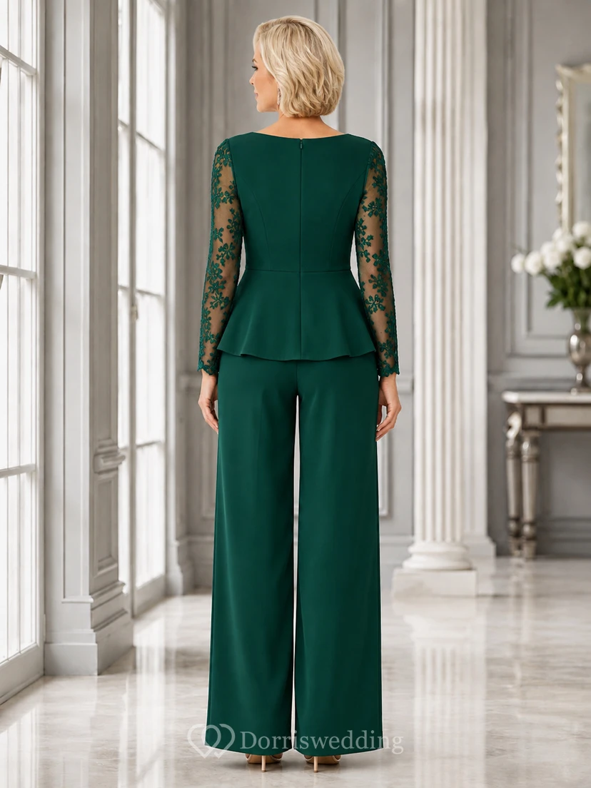 Dark Green V-Neck Illusion-Lace Sleeve Elegant Mother Wide-Leg Jumpsuit Court view 2