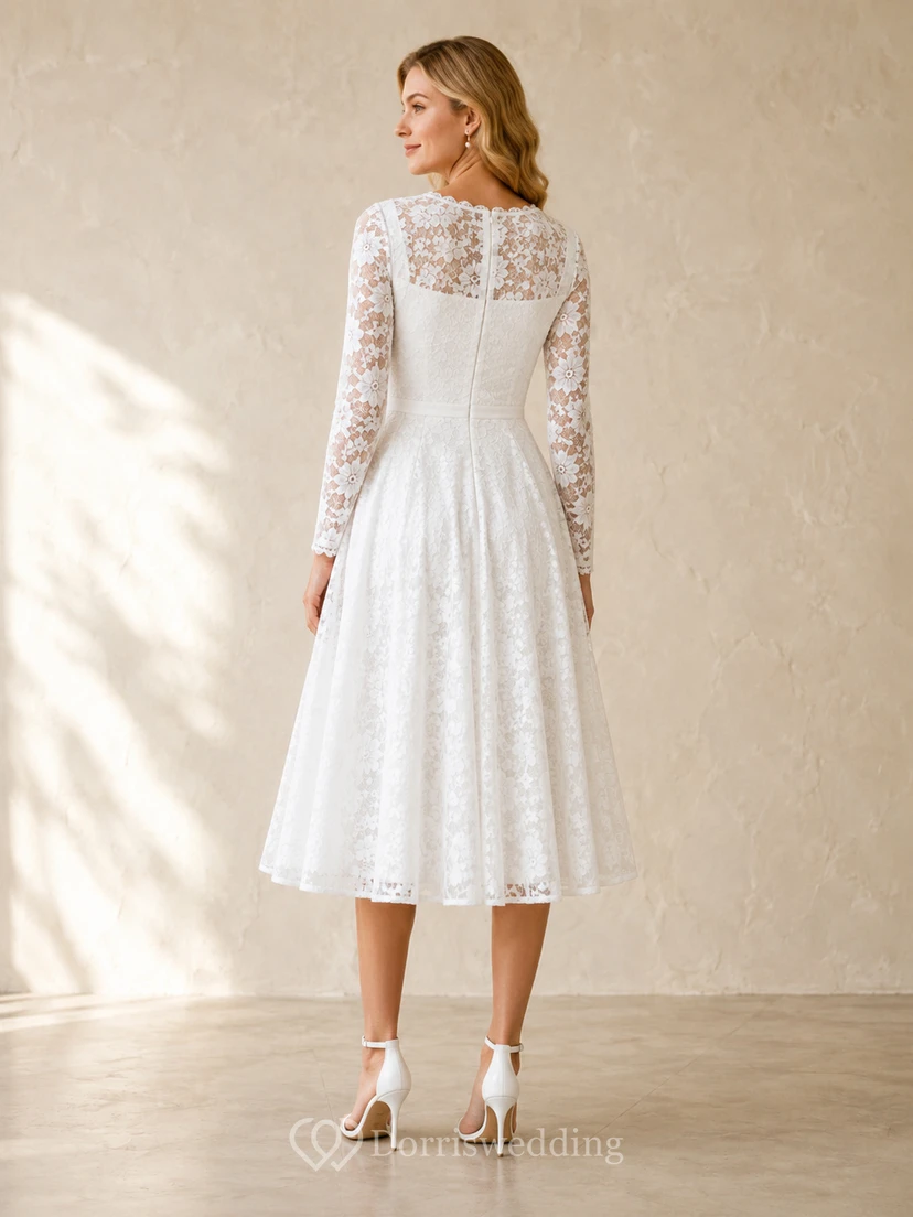 Romantic White Tea-Length V-Neck Long Sleeve Lace Garden Guest Dress view 2