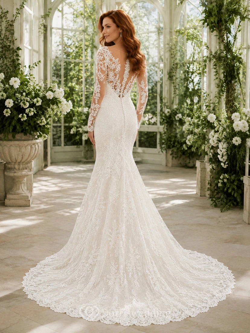 Robe de mariée sirène en dentelle harmonieuse, col montant, manches courtes, traîne chapelle, applications florales, pour le soir. view 2