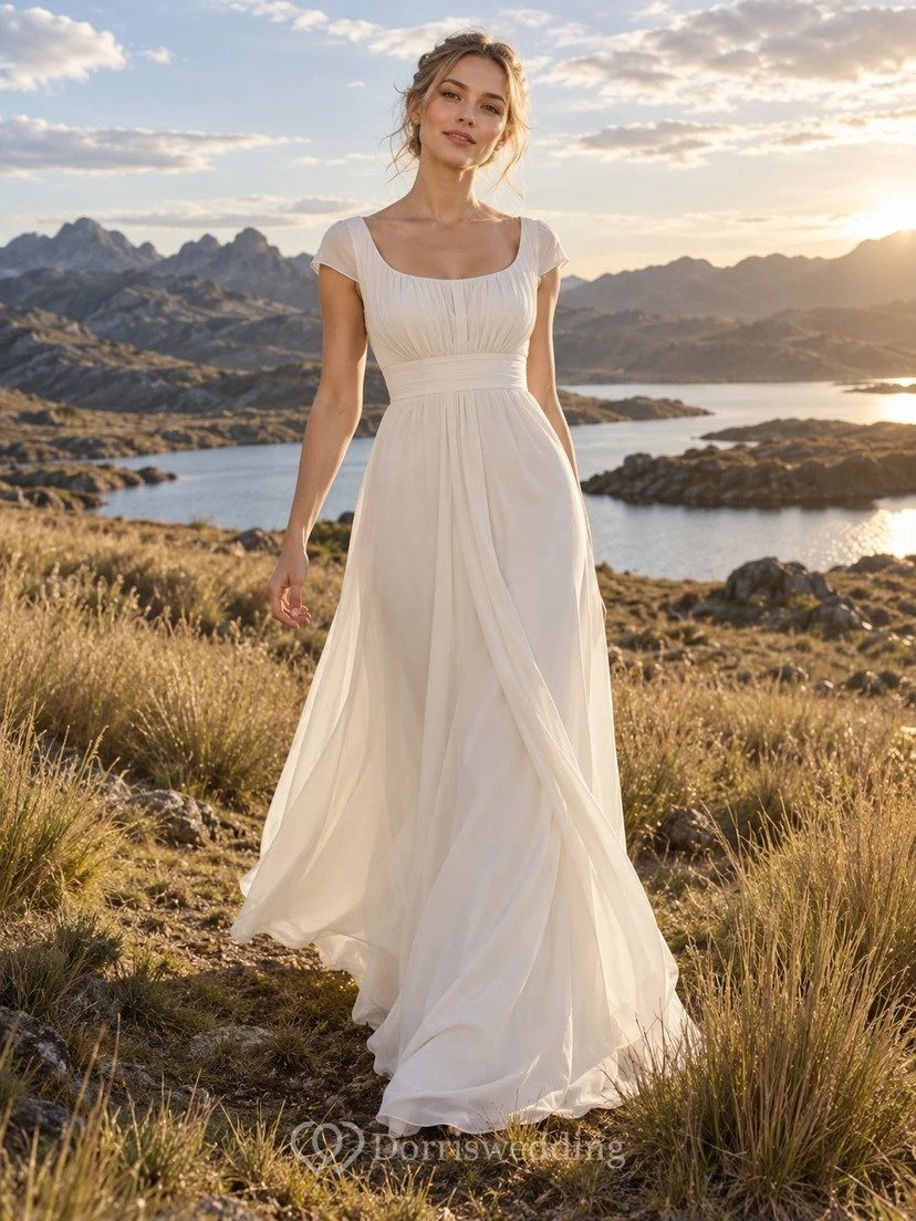 Vestido de novia de georgette con escote redondo, mangas cortas, corpiño plisado y falda en línea A.