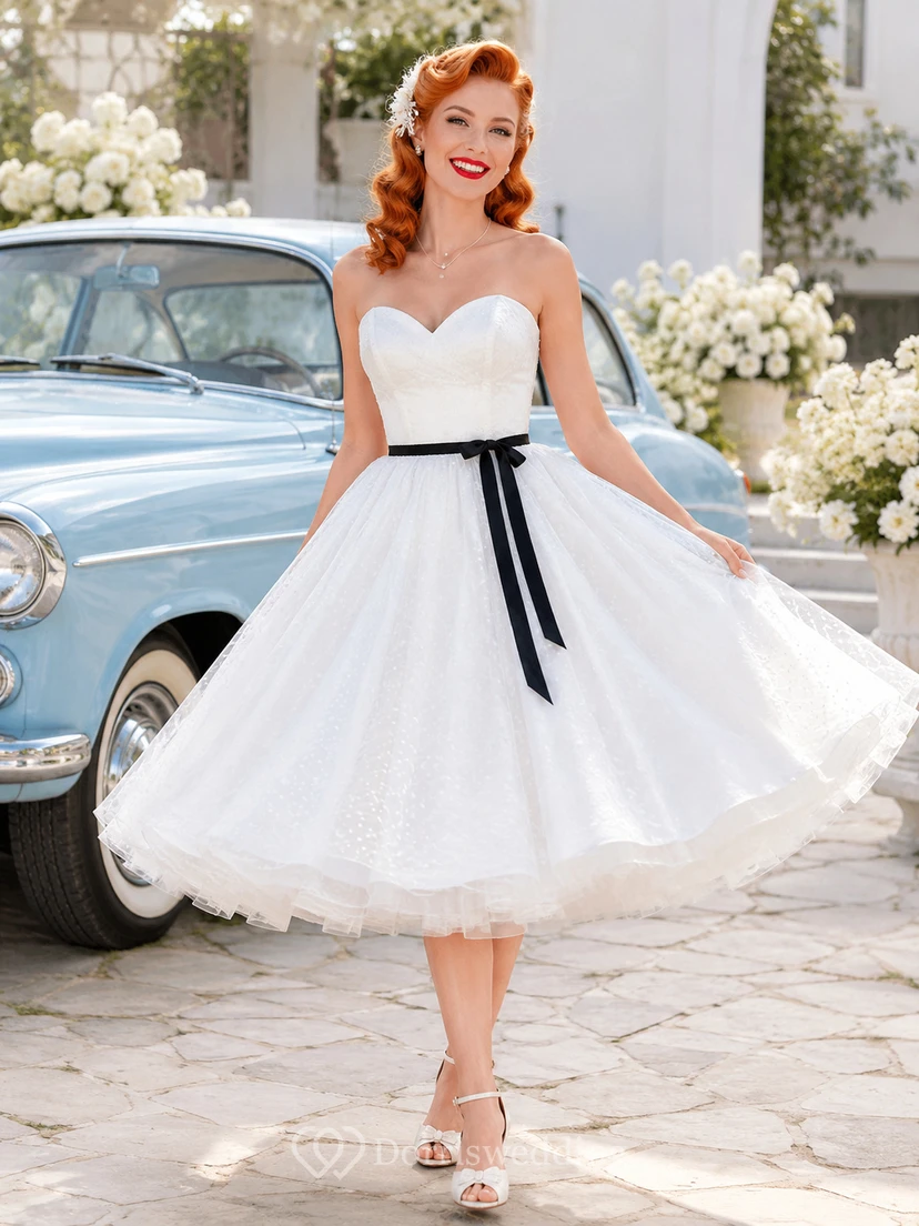 Retro Sweetheart Sash Tulle Tea-Length A-Line Wedding Dress