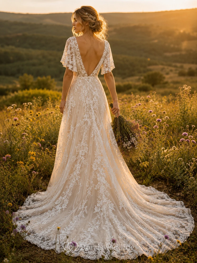 Robe de mariée bohème en dentelle, coupe trapèze, col en V, manches courtes et appliques en dentelle, longueur au sol view 2
