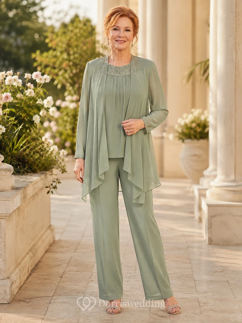 Sage Modest Long Sleeve Two Piece Layered Chiffon Older Brides Formal Elegant Pant Suit