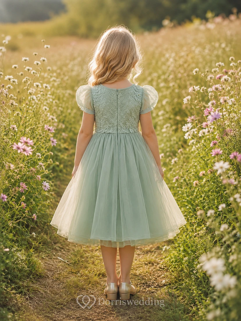 Flower Girl Dress Sage Tulle A-Line Jewel Neck Tea Length Bow Back view 2