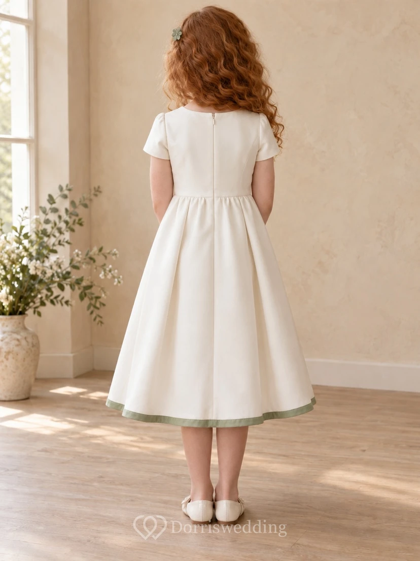 Simple Tea-length Cream Jewel Short-sleeve Gathered Sage-trimmed Zipper-back A-line Flower Girl Dress view 2