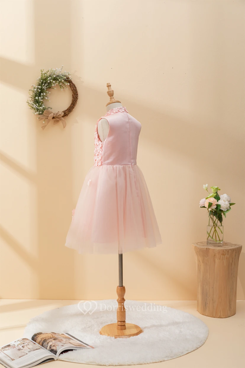Adorable Jewel Sleeveless Tulle A-line Flowergirl Dress with Petal Top view 9