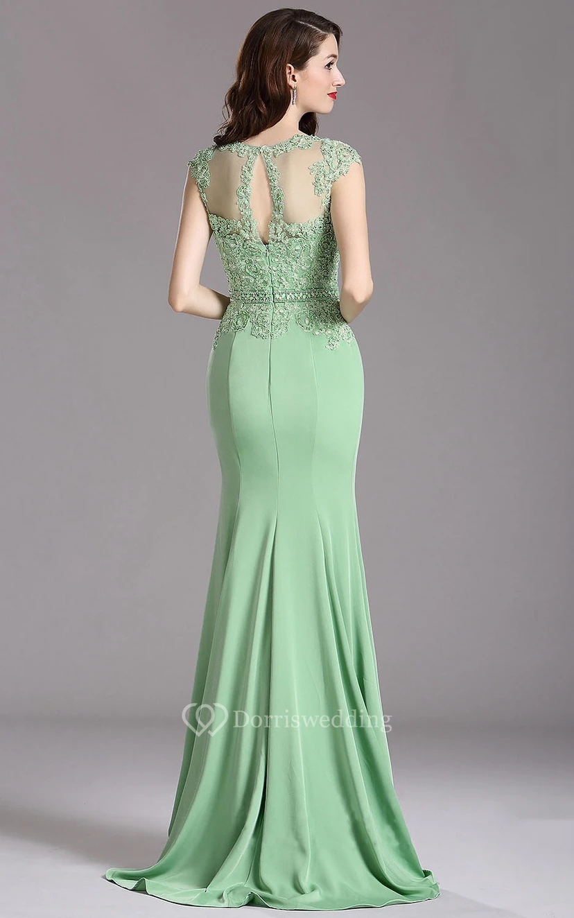 Mermaid Sweep High-Neck Short Sleeve Jersey Beading Keyhole Dress view 2