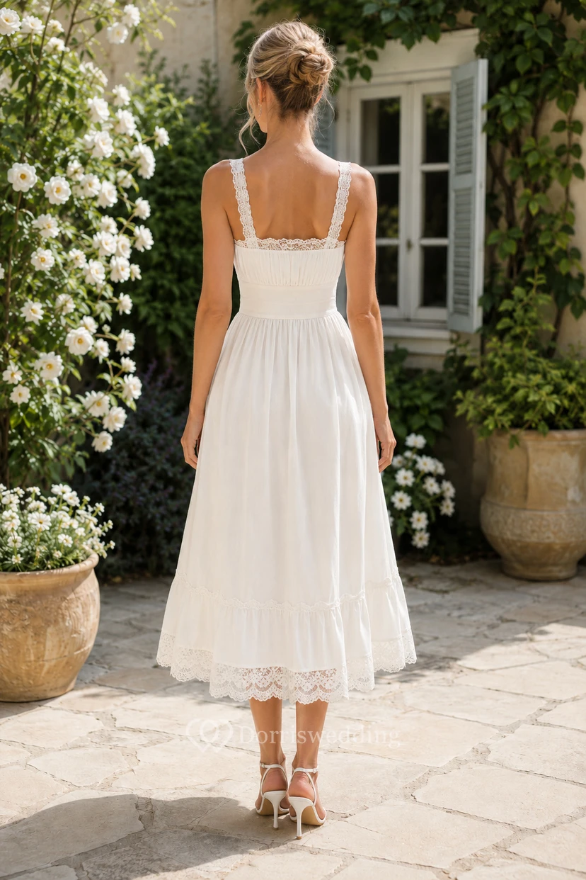 Vestido de invitada de boda blanco de gasa, corte A, escote cuadrado, sin mangas, largo midi. view 2