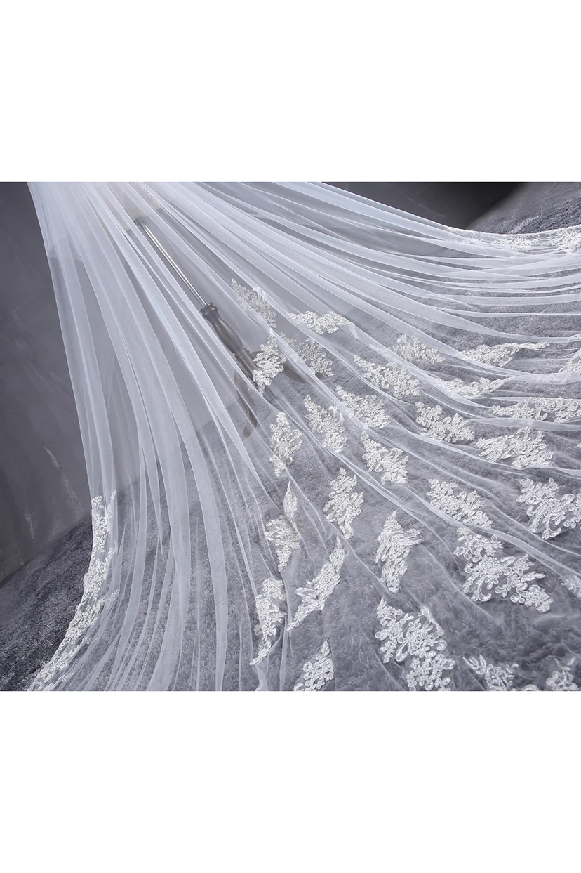 Ethereal Cathedral Tulle Wedding Veil with Lace Appliques view 3