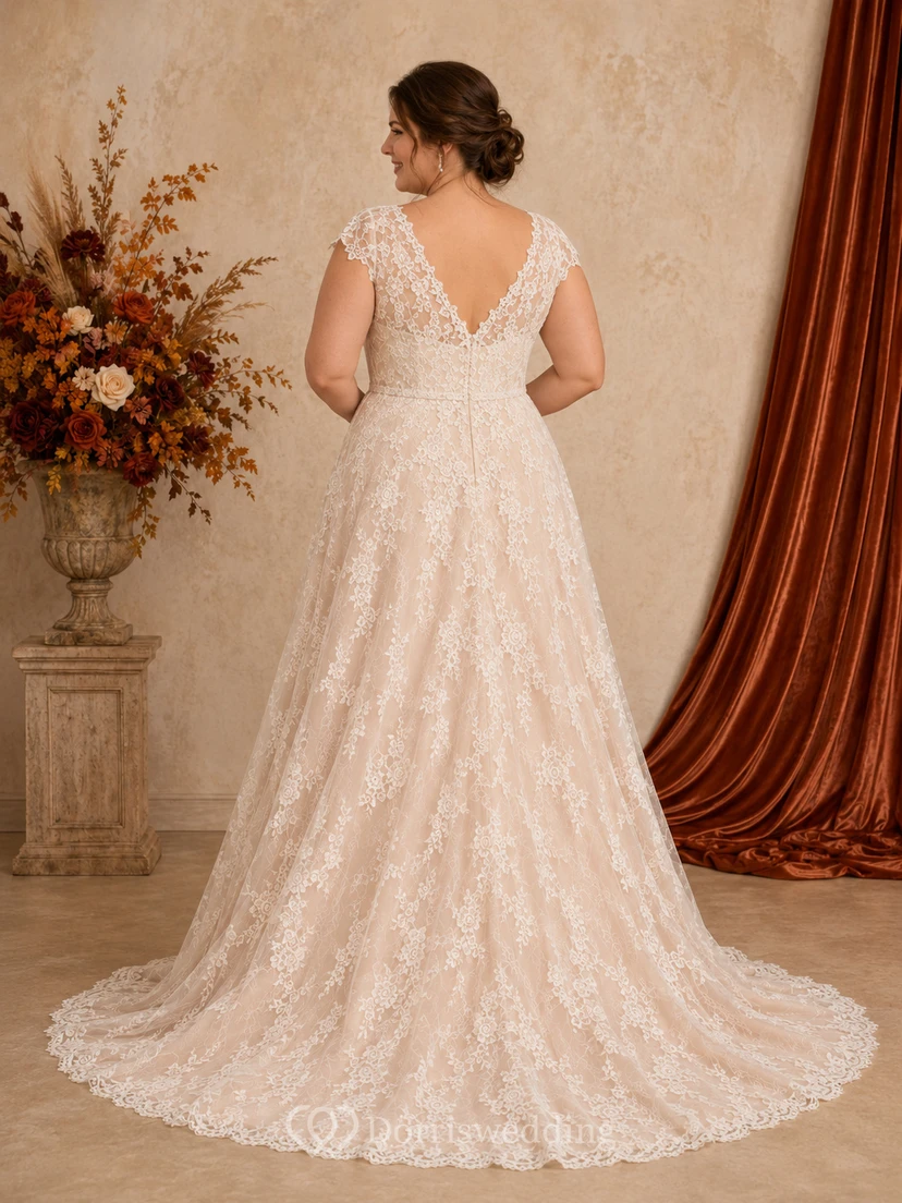 Fall Plus Size V-Neck Lace A-Line Wedding Dress view 2