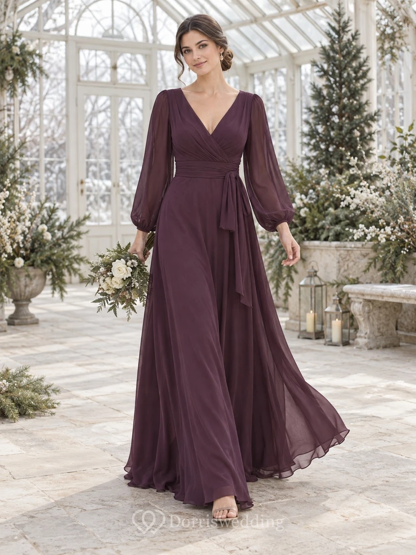 Vestido de dama de honor de gasa color ciruela con escote en V y mangas abullonadas largas