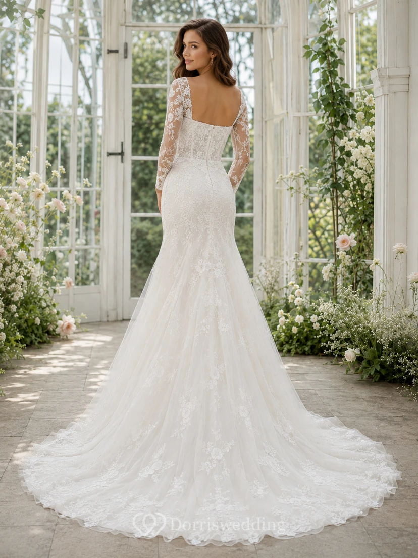 Romantic Square Neck Lace Wedding Mermaid Illusion Long Sleeves Chapel Train view 2