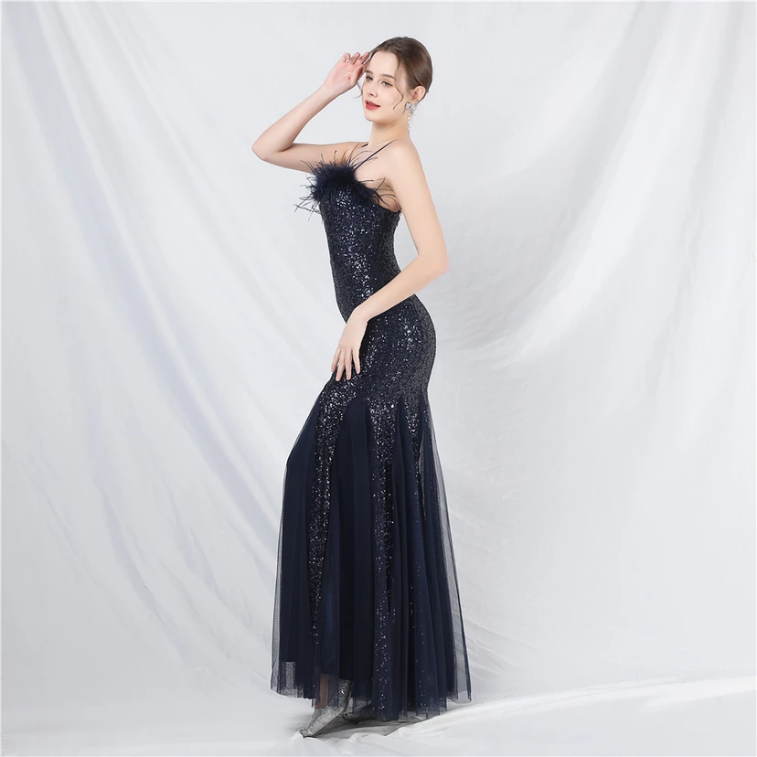 Craft Ostrich Feather Mesh Sequined Long Evening Dress view 40