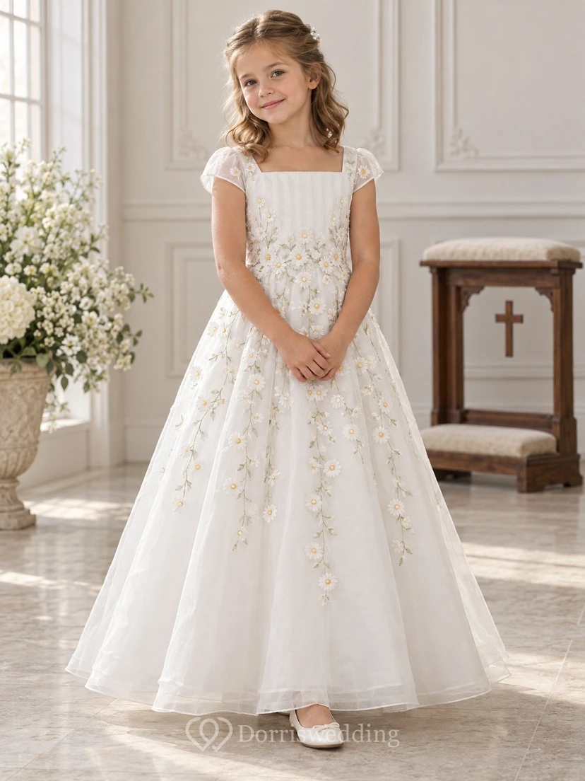 Square Neck White Cap Sleeve Trailing Daisy Organza Communion Dress