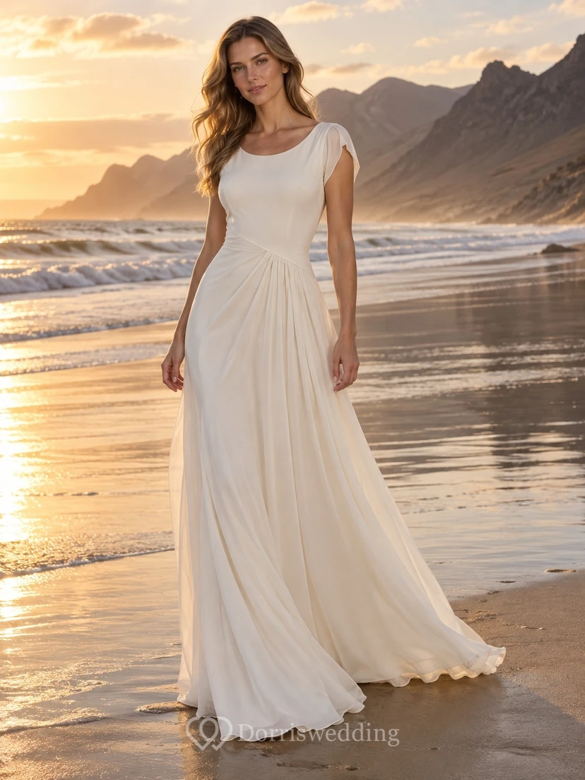 Vestido de novia sencillo de georgette con escote joya, corte en A, mangas cortas y cola.
