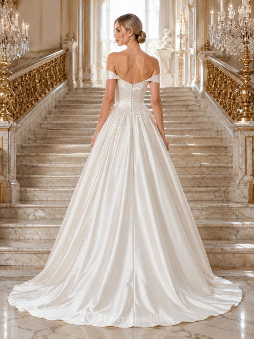 Off Shoulder Satin Pleated Cathedral Ball Gown Wedding Dress view 2