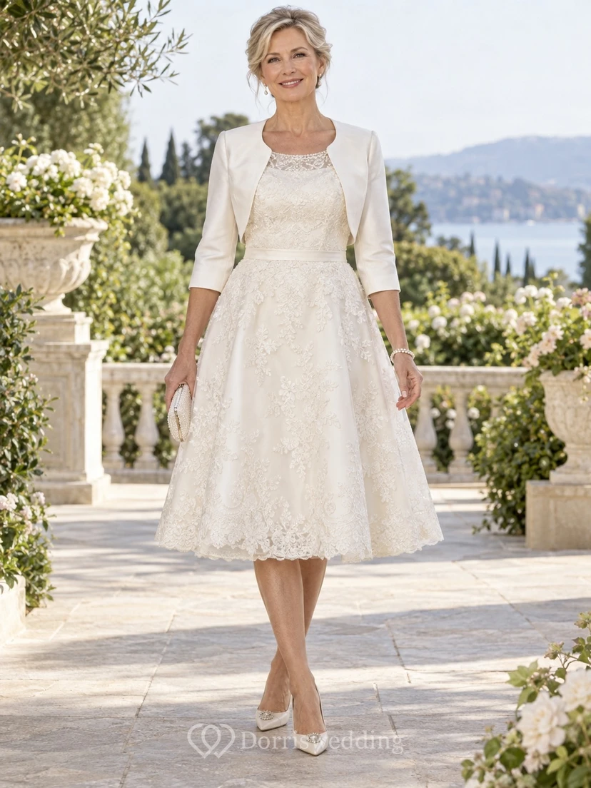 Vestido de novia modesto de corte A con encaje y largo hasta la rodilla para novias mayores con bolero de satén.