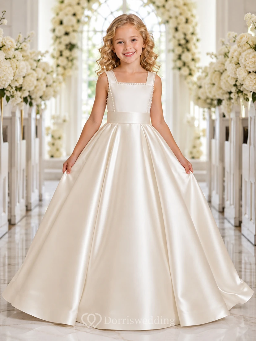 Luxury Princess Satin Ball Gown Flower Girl Floor-Length Square Neck Formal Dress