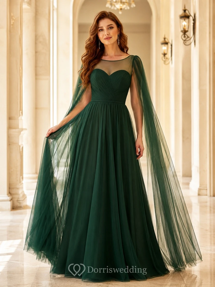 Dark Green Sweetheart Cape Sleeve Tulle Ball Gown Formal Dress