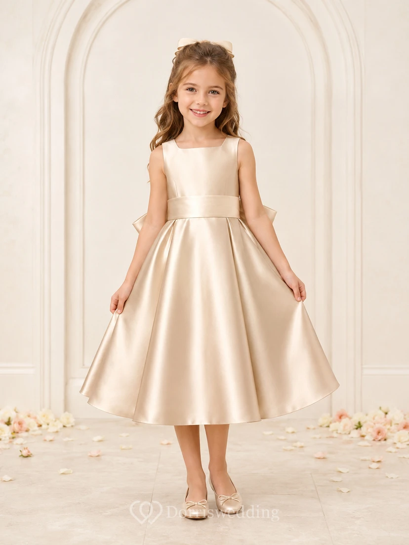 Robe de demoiselle d'honneur champêtre en satin champagne sans manches, longueur thé, coupe trapèze, avec nœud