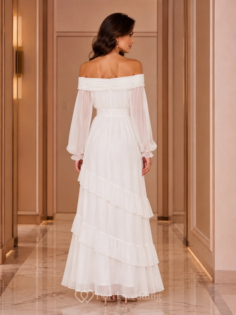 White Long Sleeve Off-Shoulder Tiered Floor-Length Chiffon Dress view 2