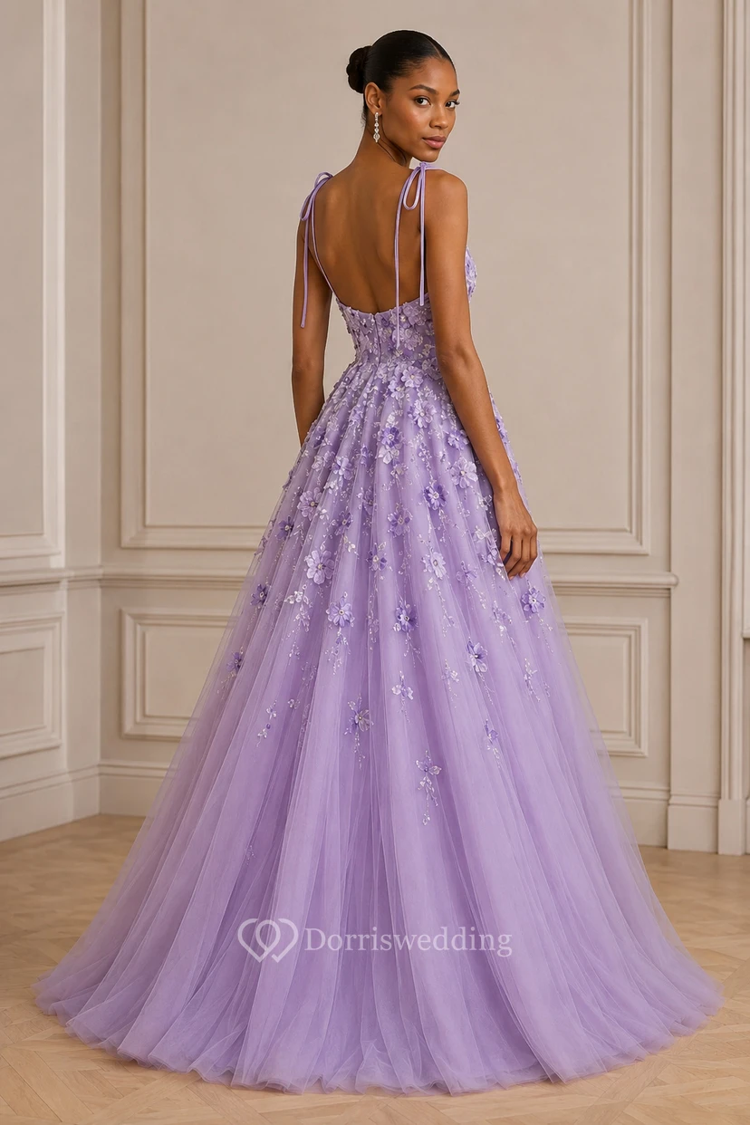 Tulle Prom Dress in Lavender, Spaghetti Strap, Sweetheart Ball Gown Floor-Length Gown with Flower and Appliques view 2