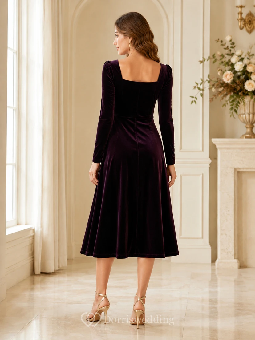 Plum Square Neck Long Sleeve Velvet A-Line Midi Wedding Guest Dress view 2