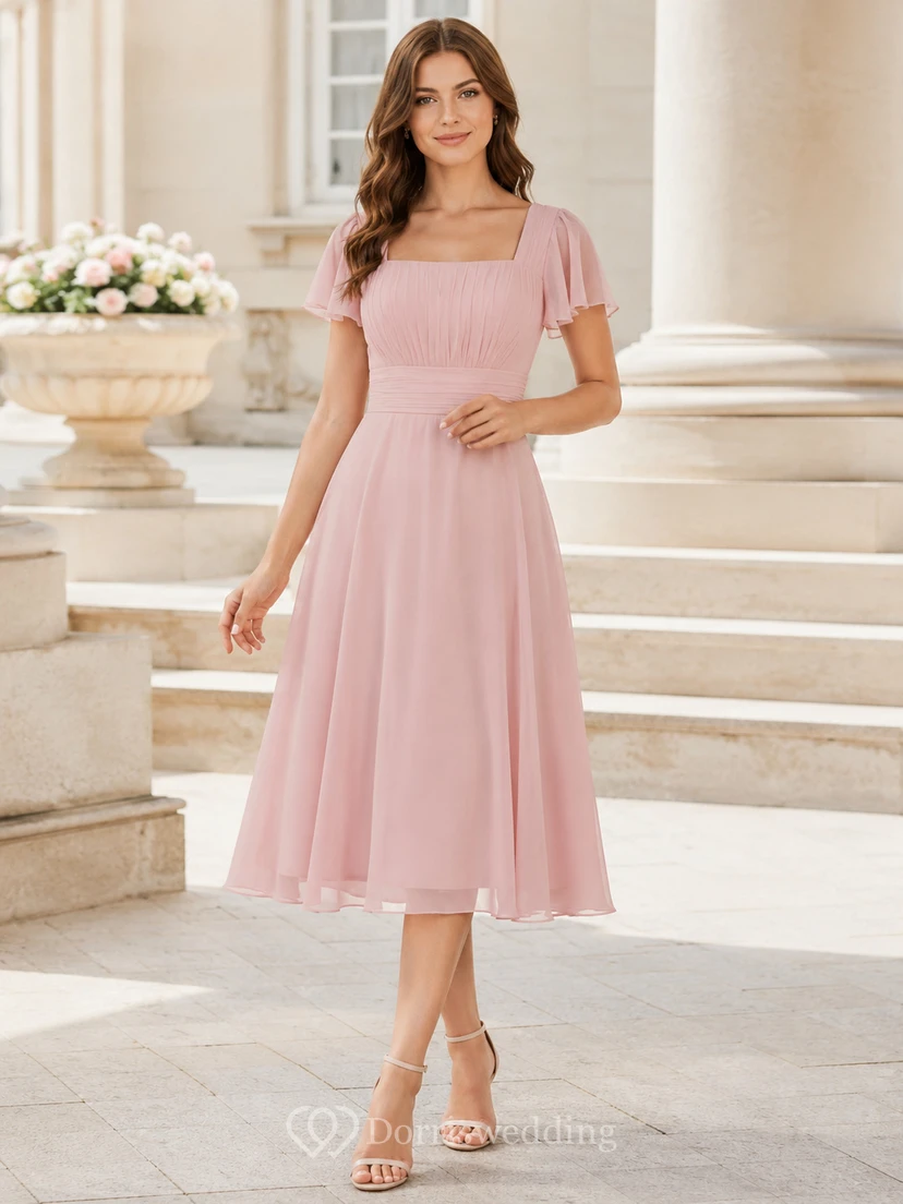 Blush Chiffon-Kleid im A-Linien-Stil mit eckigen Flügelärmeln, Teelänge, Jugendweihe