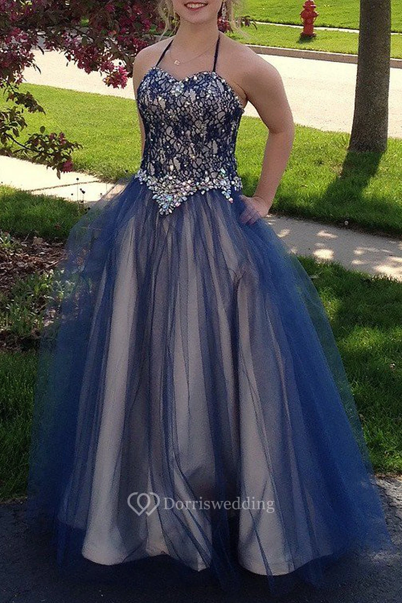 Ball Gown Tulle Halter Sleeveless Lace-up Corset Back Dress