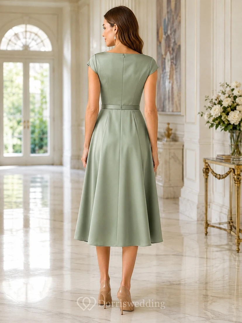 Robe midi élégante en satin sauge, col rond, manches courtes, coupe trapèze, longueur thé view 2