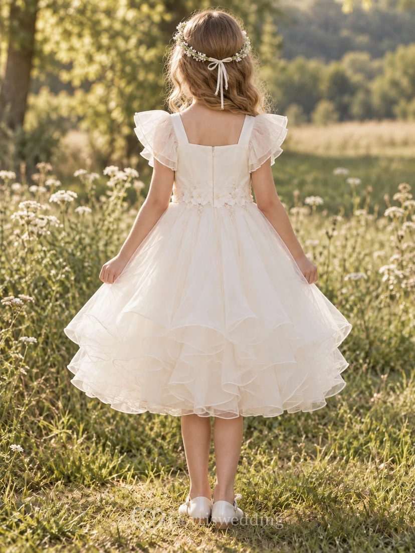 Tea-length Square Neck Ivory Floral Flutter Sleeve Satin A-Line Gathered Curled Tulle Tiered Flowergirl Dress view 2