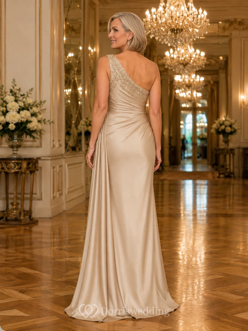 Champagnerfarbenes, modernes, ärmelloses, gerafftes Satin-Etuikleid mit One-Shoulder und Schleppe – ein luxuriöses Abendkleid für die Mutter der Braut im Hotel. view 2
