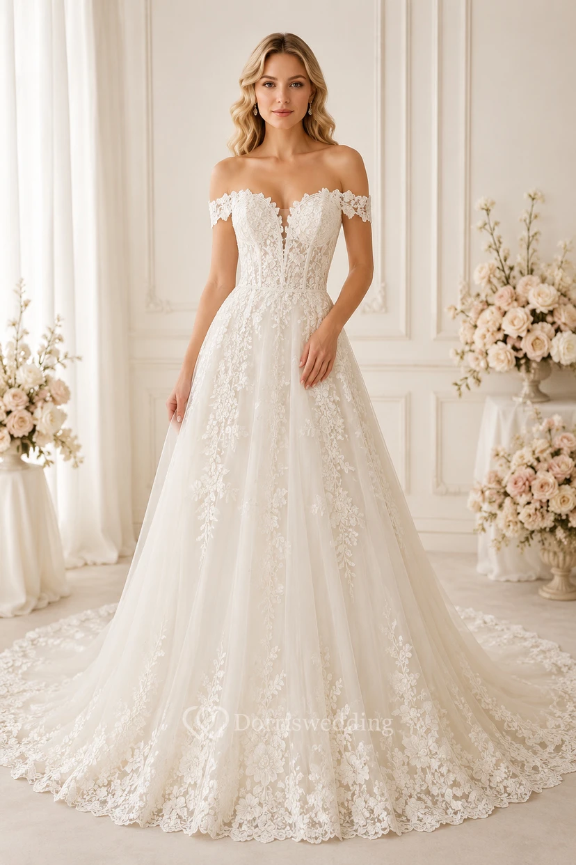 Off-the-Shoulder Lace Ball Gown Wedding Dress