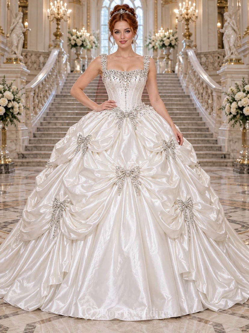 Vestido de novia de gala con escote cuadrado, tirantes de cristal, detalles de satén y lazos enjoyados.